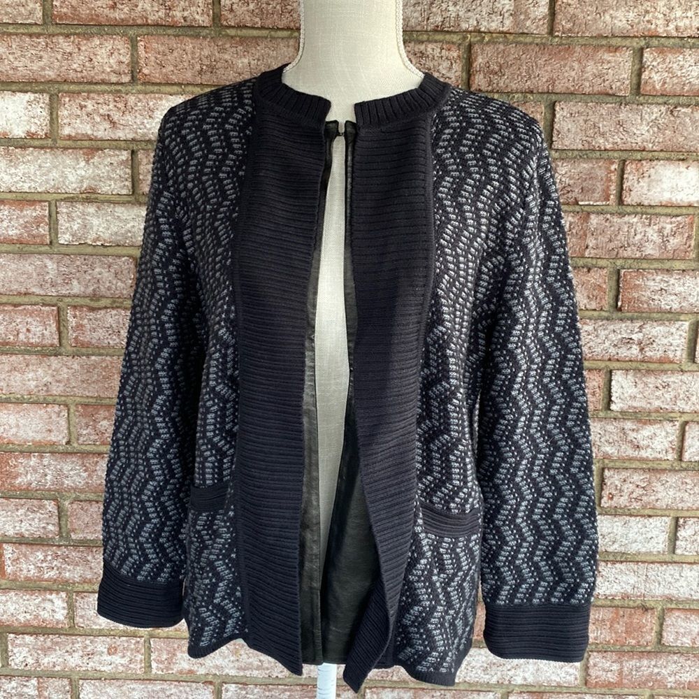 Anne Klein Black/Gray Printed Silk/Cashmere Blend Sweater Leather Trim - Size S